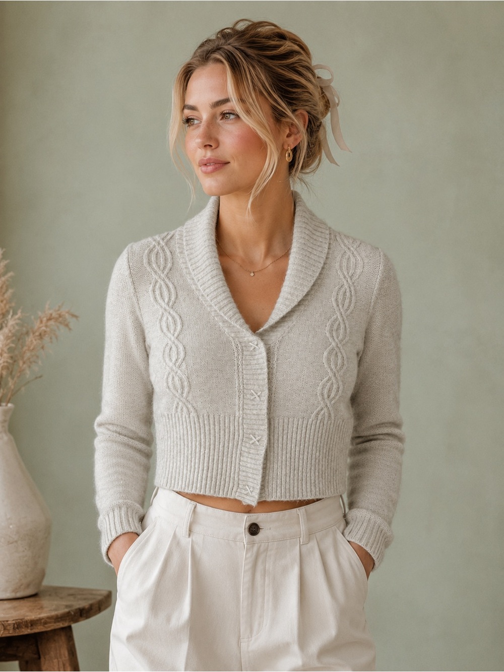 Sarah Spencer Angora Lambswool Cable Cropped Knit Shawl Cardigan Beige Cream Med